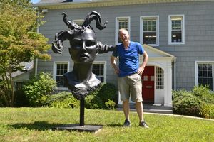 800 Pound Woman with Wild Hair on Lawn of Rye Art Center