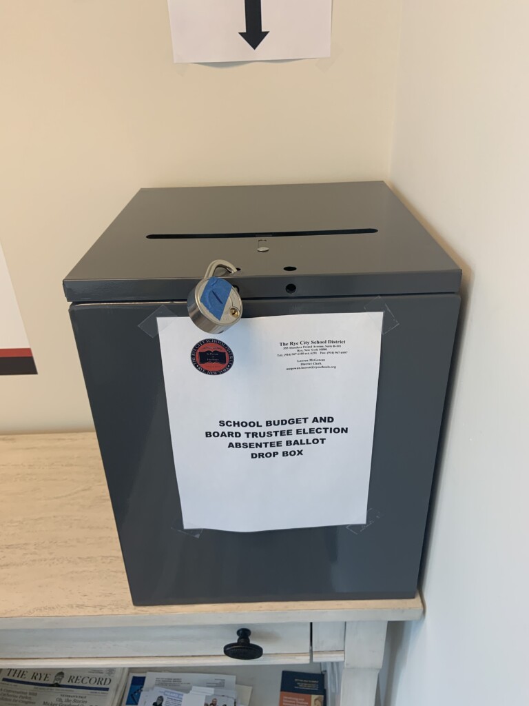 The ballot drop box at the Rye Schools Central Office. Ballots must arrive by 5pm on June 9, 2020.