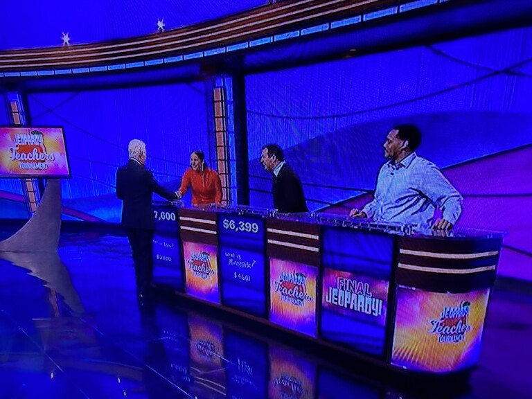 Rye Middle School 7th grade English teacher Peter Gouveia on Jeopardy! (center)