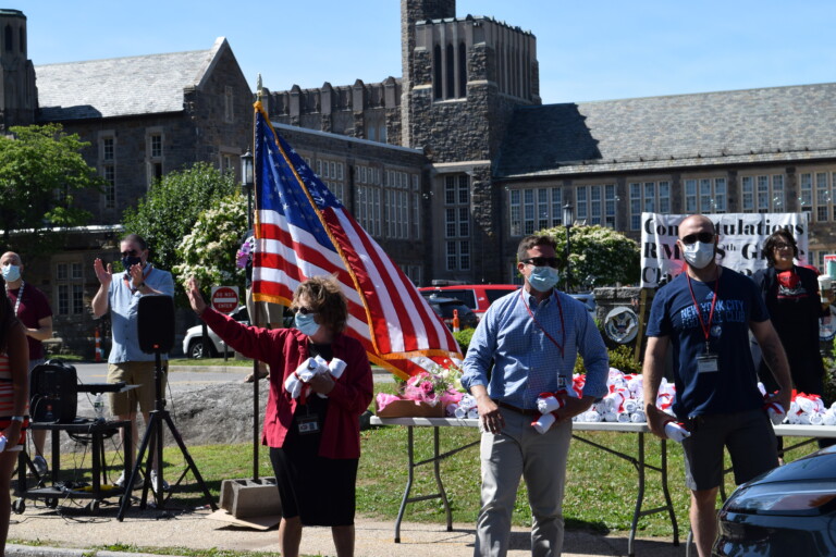 Rye Middle School Graduation Car Parade June 2020 Principal Ann Edwards and Assistant Principal Joe DiGiovanni