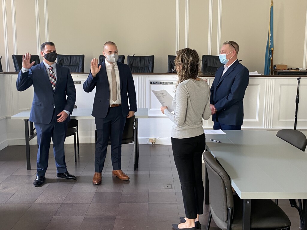 Rye Police Officer Matthew Alto, Rye Police Officer Nicholas "Nikko" DiDomizio, Rye City Clerk Carolyn D'Andrea, Esq., Rye Public Safety Commissioner Robert Falk at the swearing on October 19, 2020