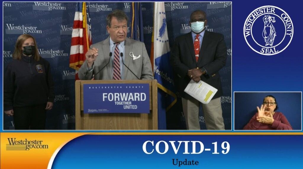 George Latimer COVID-19 briefing December 23, 2020 -- 1 George Latimer at his COVID-19 briefing December 23, 2020 with Susan Spear, Deputy Commissioner at Westchester County Department of Emergency Services (left), and Deputy County Executive Ken Jenkins (right)