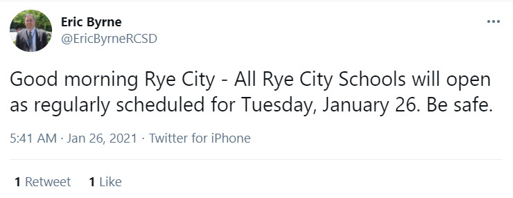 Rye Schools Open Tuesday