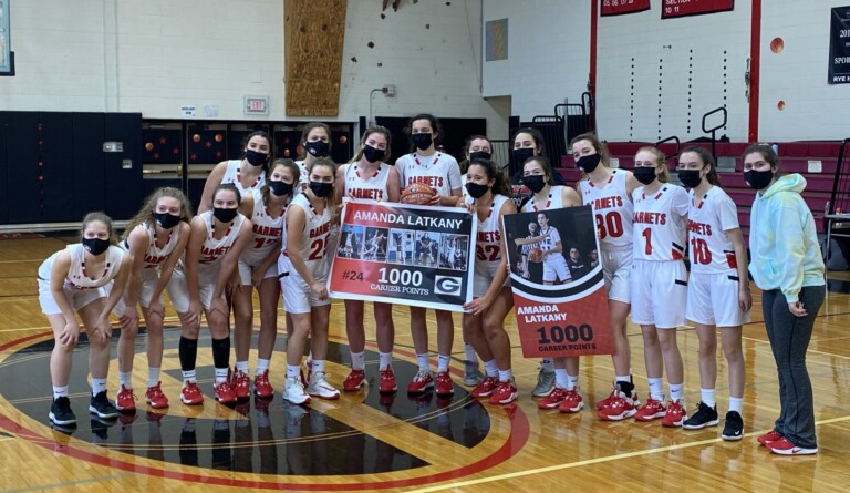 Rye Girls Varsity Basketball Celebrates Latkany's 1,000 Point on February 27, 2021