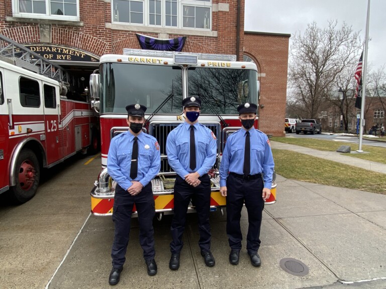 Rye firefighters Joseph Tolve, Kevin Ramsey and Salvatore Inguanti on March 1, 2021 at Rye FD Headquarters on Locust Avenue.