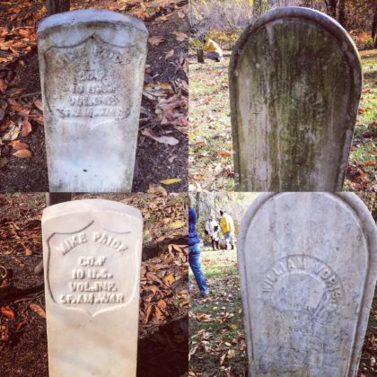 Restoration work at Rye's African-American Cemetery in June 2021 - 6 - before & after of headstones