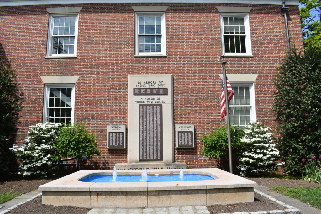 (PHOTO: The memorial on the side of Rye City Hall honors WWII, Korea and Vietnam veterans. Credit: Pei Pei Martin.)