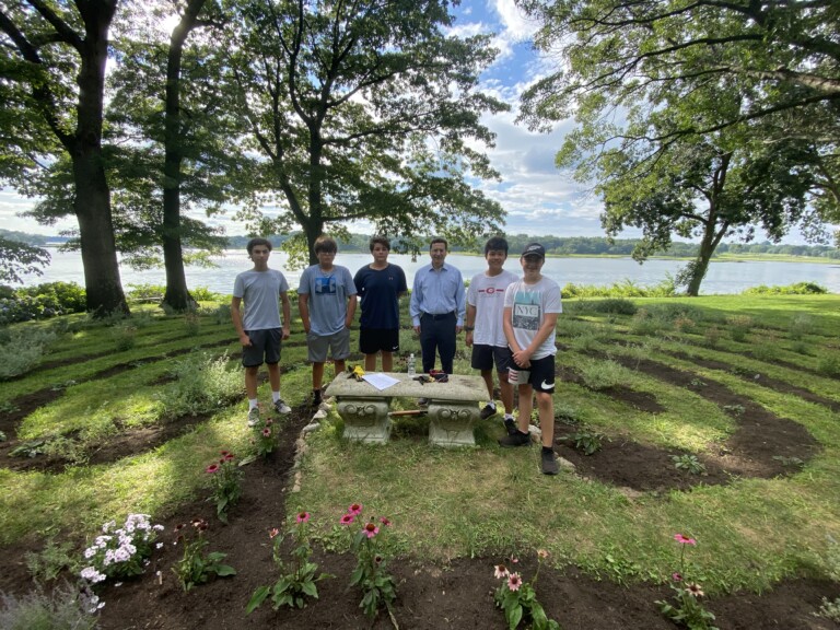 Wainwright labyrinth - boys with Mayor Josh Cohn 08-05-2021 wide