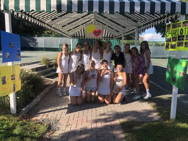 (PHOTO: Senior Day at Manursing Island Club. Bottom row seniors Morgan Delizia, Drew Burnham, Charlotte Ausfahl, and Juliette Stone were celebrated by their teammates.)