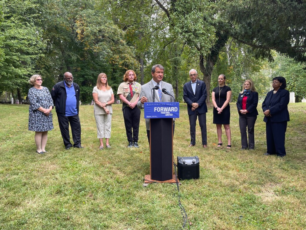 (PHOTO: Latimer dedicating new signs at Rye’s African-American Cemetery, located inside the Greenwood Union Cemetery.)