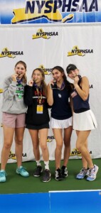 Rye Girsl Varsity Tennis receiving All State medals in Schenectady 2021-10 -- 2