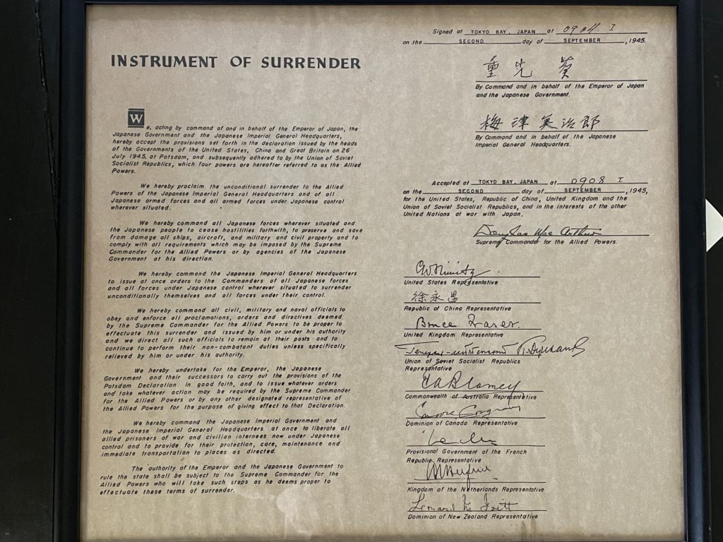 (PHOTO: This is the Instrument of Surrender marking the end of World War II and has the signatures of Douglas MacArthur, Supreme Commander of the Allied Powers and Chester W. Nimitz, Commander in Chief, US Pacific Fleet.)