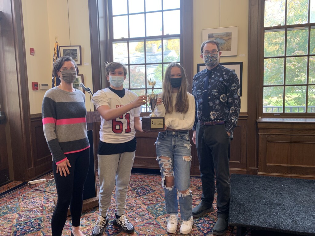 (PHOTO: Library Board of Trustee President Kathleen Riegelhaupt, Spelling Bee Winners Patrick Harrigan and Katelyn Haines, and Library Director Chris Shoemaker at The Rye Free Reading Room's 4th Annual Spelling Bee on November 11, 2021.)