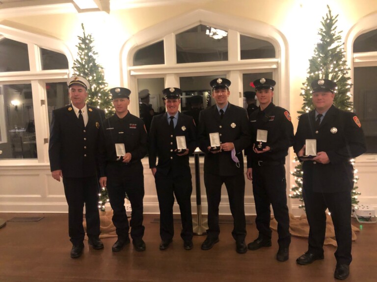 (PHOTO: Rye FD Captain John McDwyer with Life Saving Award winners Fire Fighters Salvatore Inguanti, Michael Stoddart, John Cotter, Peter Kennedy and Clyde Pitts.)