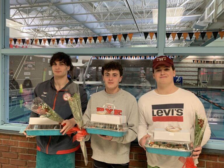 (PHOTO: Rye Boys Swimming & Diving team members (L to R) - Steven Abbott, Jude Lipuma, Bryce Hogan.)