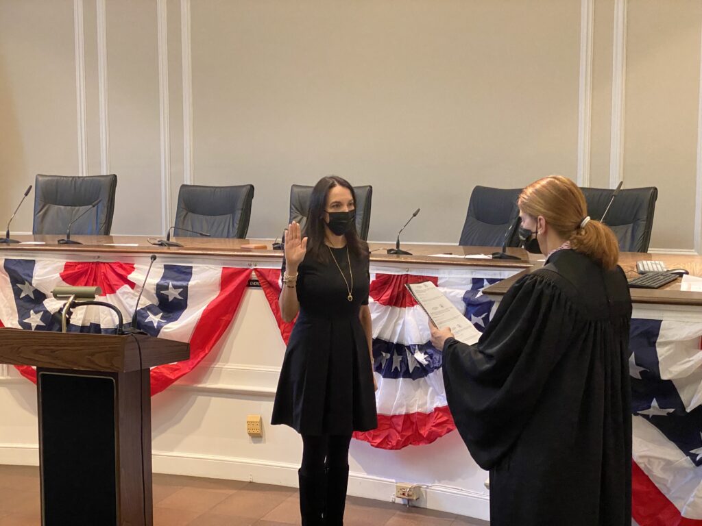 (PHOTO: City Councilwoman Julie Souza was sworn in at Rye City Hall by Rye City Judge Valerie A. Livingston on January 1st, 2022. It will be her second term.)