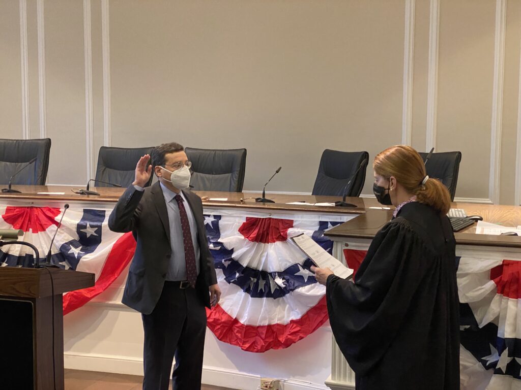 (PHOTO: Mayor Josh Cohn was sworn in at Rye City Hall by Rye City Judge Valerie A. Livingston on January 1st, 2022. It will be his second term.)