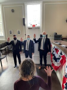 (PHOTO: New City of Rye Police Officers Paul Polintan, Gary Strebel and Daniel Dabrowski being sworn in by Rye City Clerk Carolyn D'Andrea, Esq. at City Hall on January 10, 2022.)