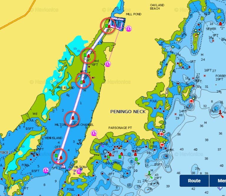 (PHOTO: The red circles show the location of the ten buoys the US Coast Guard is proposing to remove from Milton Harbor.)