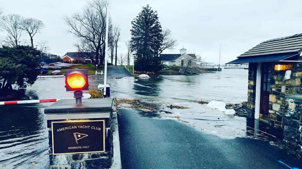 (PHOTO: Bad sailing day. Flooding from winter storm Izzy at American Yacht Club.)