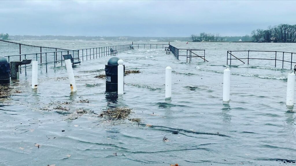 (PHOTO: Flooding from winter storm Izzy on the Town of Rye dock at the end of Stuyvesant Road adjacent to American Yacht Club.)