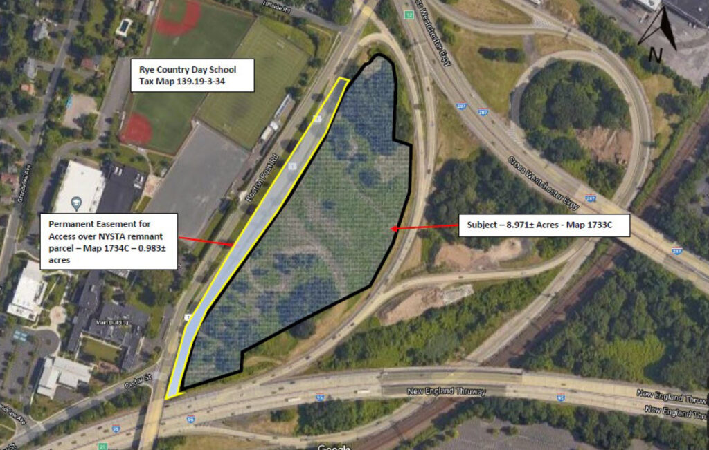 (PHOTO: Map shows the 8.971 acres the New York State Thruway Authority is selling to the private Rye Country Day School. The sale was authorized on January 31, 2022.)