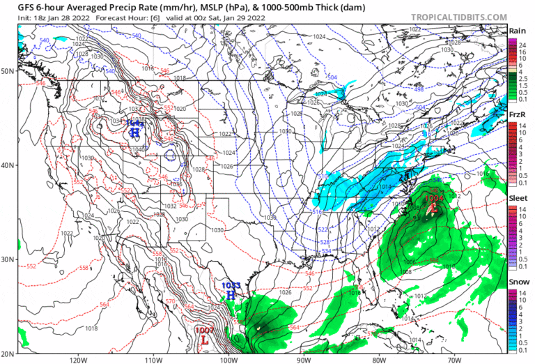 (PHOTO: Forecast snows snow coming into the area from 6pm January 28th Friday through Saturday afternoon Januaryu 29th. Credit: Tropical Tidbits.)