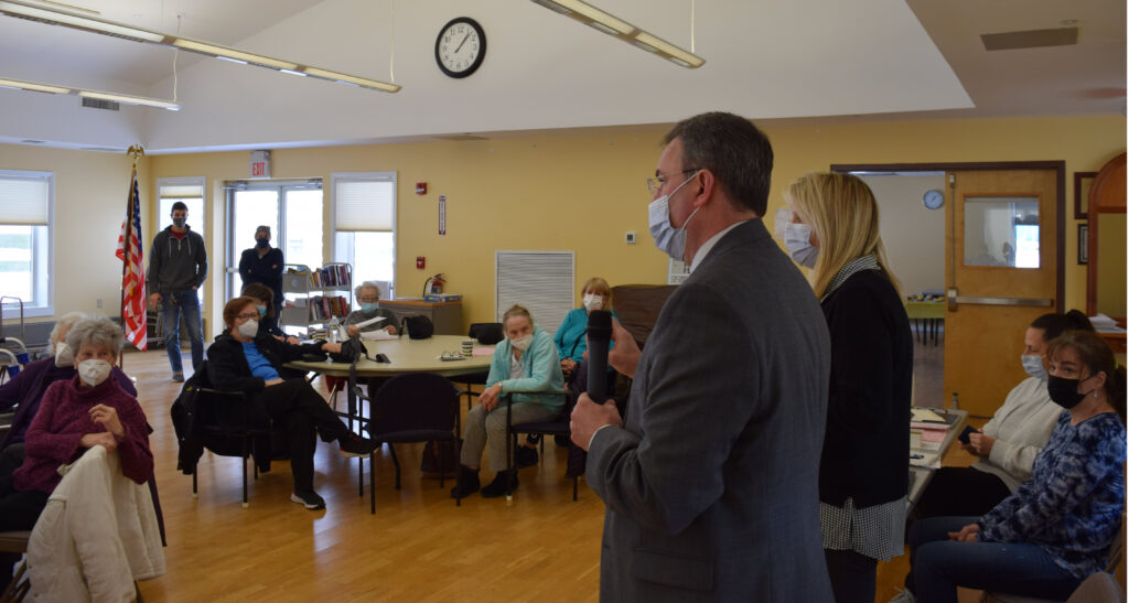 (PHOTO: School district reps shared COVID test kit know how with first local Rye seniors on Wednesday.)