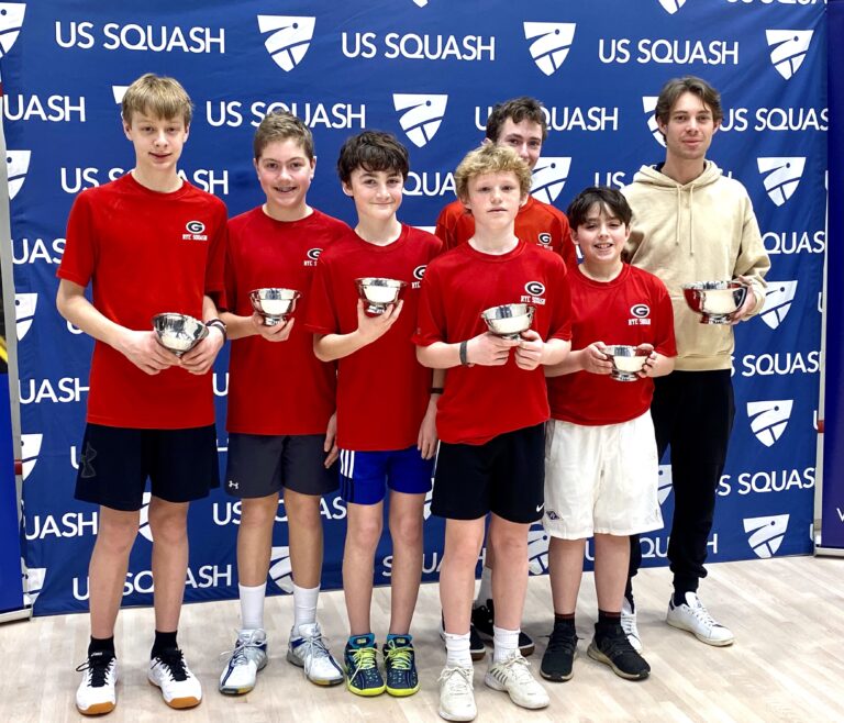 (PHOTO: The Rye Middle School squash team ( L to R): Owen Karl, Charlie Layng, Finn Hansen, Oscar Pearman, Charlie Rodilosso (in back), Rocco DeFife and coach Alex Noakes.)