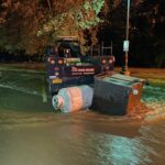 (PHOTO: On the side of Rye FD HQ during Hurricane Ida, large debris swept by Blind Brook floodwaters.)