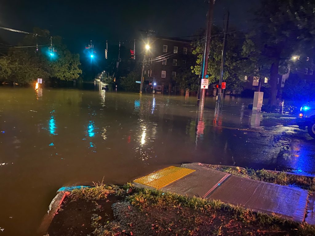 (PHOTO: The intersection of Cedar Street, Purchase Street and Highland Road the night of Hurricane Ida saw some of the highest water in the City.)