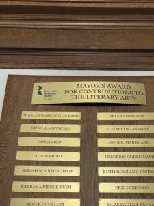 (PHOTO: Barbara Bush's name on the Mayor's Award for Contributions to the Literary Arts, Rye Free Reading Room.)