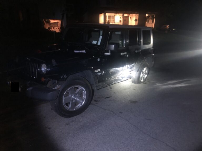 (PHOTO: This black Jeep was in a motor vehicle accident on Glen Oaks Drive Monday that led to the arrest of the Rye resident on DWI.)