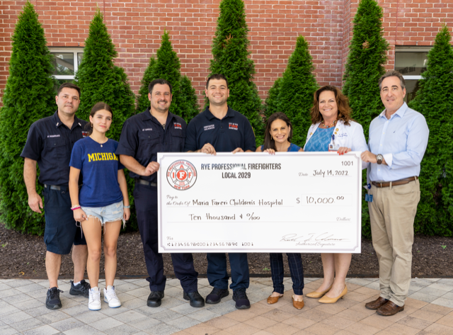 (PHOTO: The Rye Professional Firefighters Local 2029 Rye FD Local 2029 presented a $10,000 donation to Maria Fareri Children's Hospital on Thursday.)