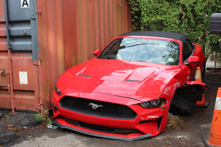 (PHOTO: This stolen Ford Mustang was involved in a pursuit on Monday. The driver was arrested on multiple charges.)