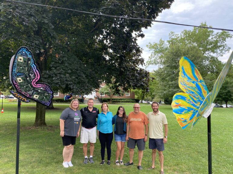 (PHOTO: Rye’sAbove butterfly sculpture volunteers Michele Thomas, Rye Rotary Club President; Eric Byrne, Rye Rotary; Kathy Spanier, Rye Rotary; Vicky Blank, Rye Art Center; Bob Manheimer, Rye Rotary; and Richard Flahive, Rye Rotary.)