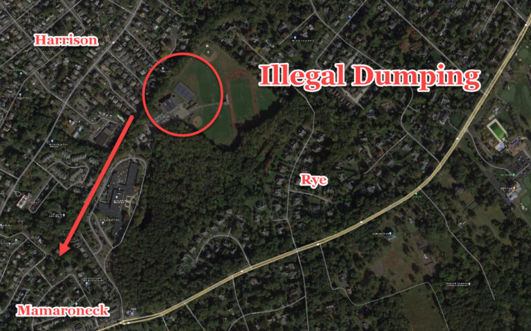 (PHOTO: The location of the Rye Neck tennis courts is shown in the circle. Beaver Swamp Brook is just to the left and flows down in the direction of the red arrow to the East Basin of Mamaroneck Harbor and the Long Island Sound.)