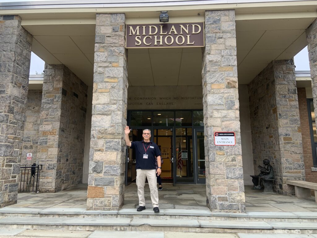 (PHOTO: Security Guard Mr. Tom (Cummaro) was on hand to welcome students back at Midland Elementary School.)