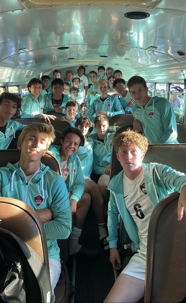 (PHOTO: Boys on the Bus. The Rye Varsity Soccer team on the bus home after dicing Pelham.)