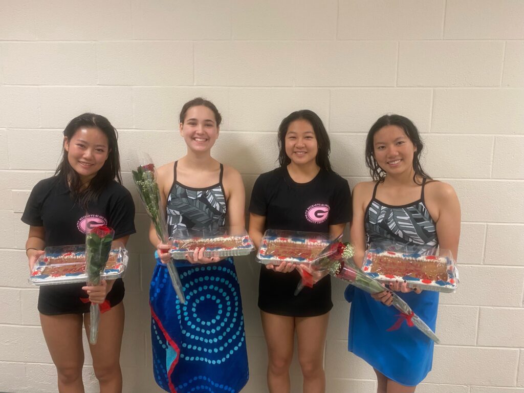 (PHOTO: The Rye Varsity Swimming & Diving senior captains were honored on Monday - Jo-Lynn Kok, Cassie Brook, Zoe Lien, and Phi Cai.)