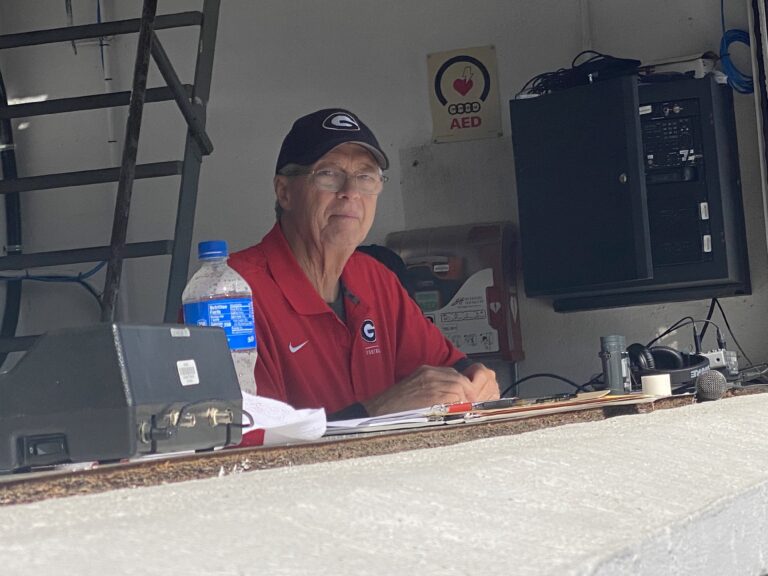 (PHOTO" Steve “The OG” Feeney in the press box at Rye High School's Nugent Stadium, 2022.)