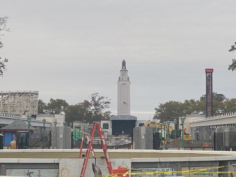 (PHOTO: This photo taken Sunday, October 23, 2022 looks down the plaza from the front Playland entrance. All the mature trees along the plaza have been removed.)