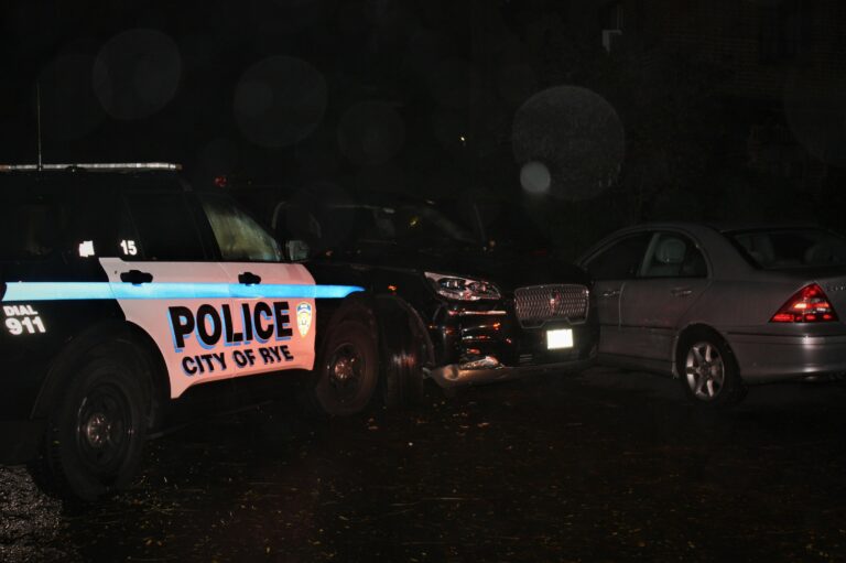 (PHOTO: During a chase in the early hours of Wednesday, October 26, 2022, a Rye PD cruiser collided with a Lincoln Aviator car that just been stolen from Eve Lane off Forest Avenue.)