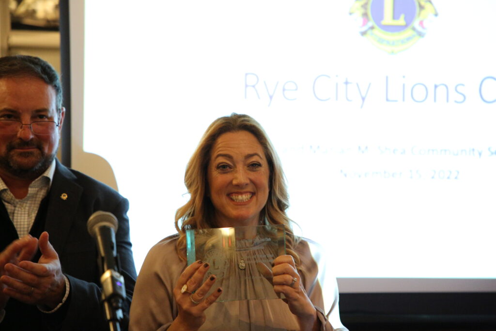 (PHOTO: Staci Ramachandran, 2023 recipient of the James A. and Marian M. Shea Community Service Award from the Rye City Lions Club.)