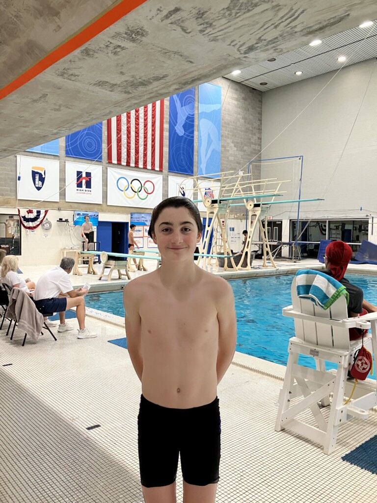 (PHOTO: Rye-Rye Neck Boys Varsity diver Finn Hansen after the divisional diving championship meet on Thursday, January 26, 2023.)