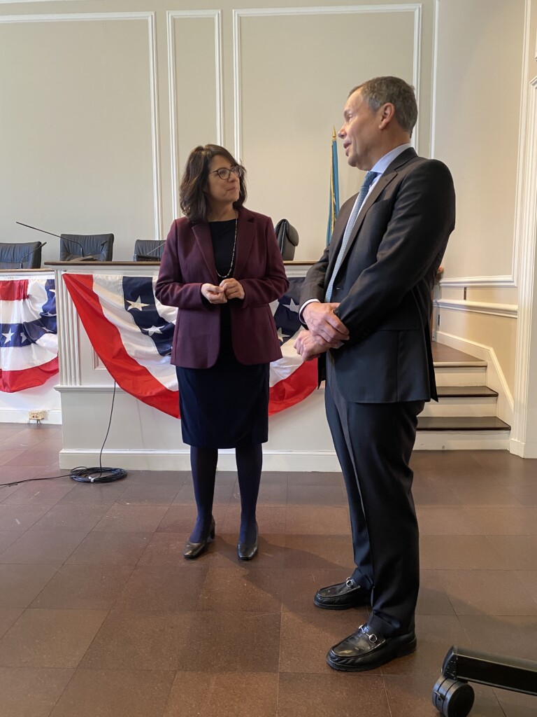 (PHOTO: New City Councilwoman Lori Fontanes minutes before her swearing-in with Rye City Councilman Ben Stacks.)