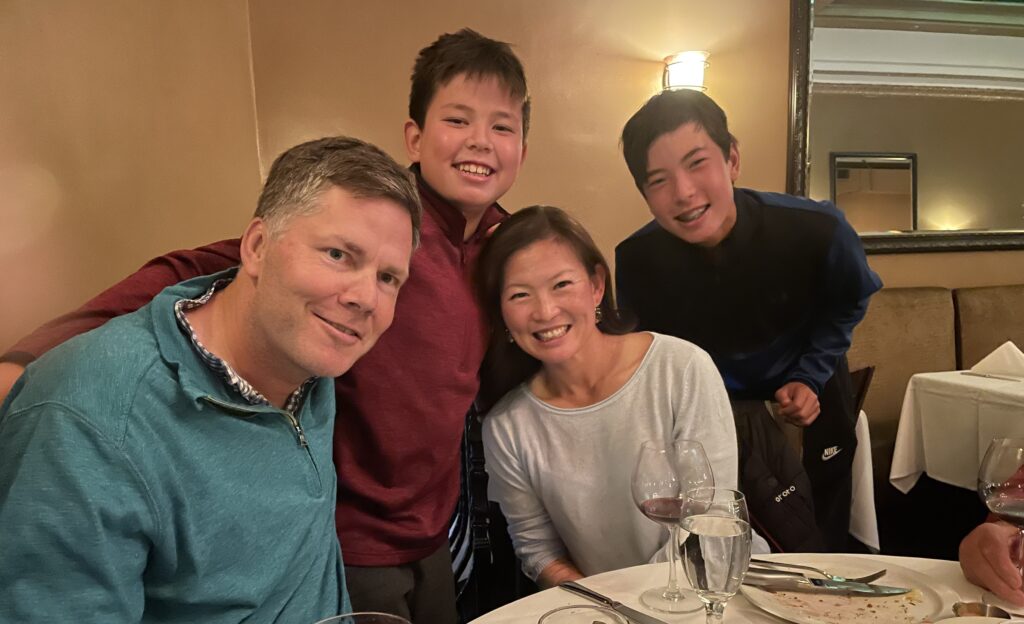 (PHOTO: Groves family dinner at Frankie & Johnnie's Steakhouse in Rye (left to right, Jeff, James, Christine, Henry.)