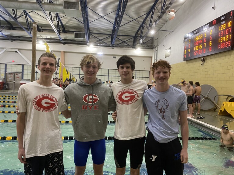 (PHOTO: The Rye Boys Varsity Swimming & Diving 200 Free Relay team.)