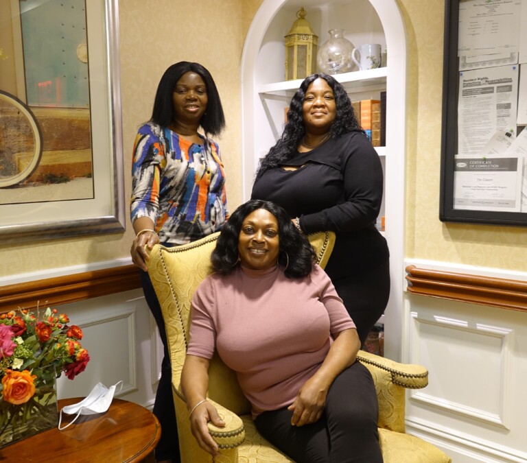 (PHOTO: The Osborn staff members who participated in the ECHO training: Tasha Rembert (seated) & Elizabeth Adwubi (left), both Memory Care Coordinators, along with Jo-Ann Pinder, Memory Care Supervisor.)