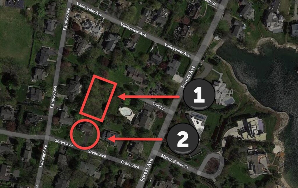 (PHOTO: This map shows #1 the flag lot off Turf Avenue where trees were clear-cut and #2 Mayor Josh Cohn's home at 24 Green Avenue. The two lots are adjacent to each other.)